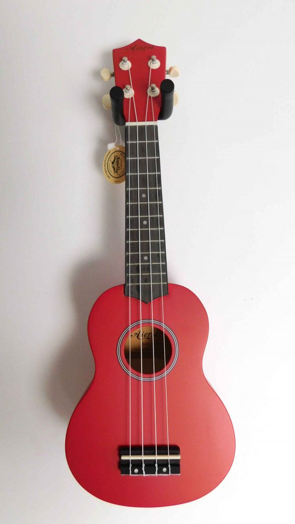 Red beginner soprano ukulele for sale with ukulele lessons over Zoom