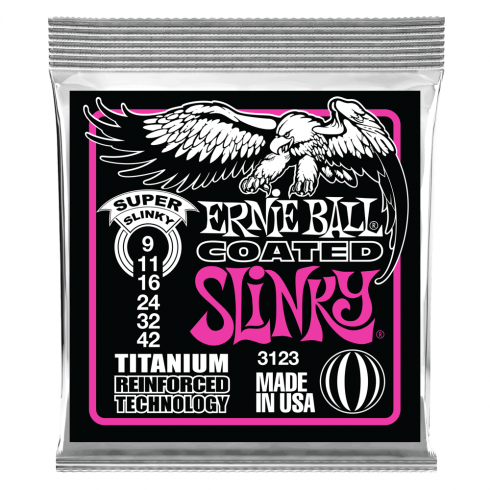 Buy Ernie Ball Titanium coated Super Slinky electric guitar strings online or in Sheffield