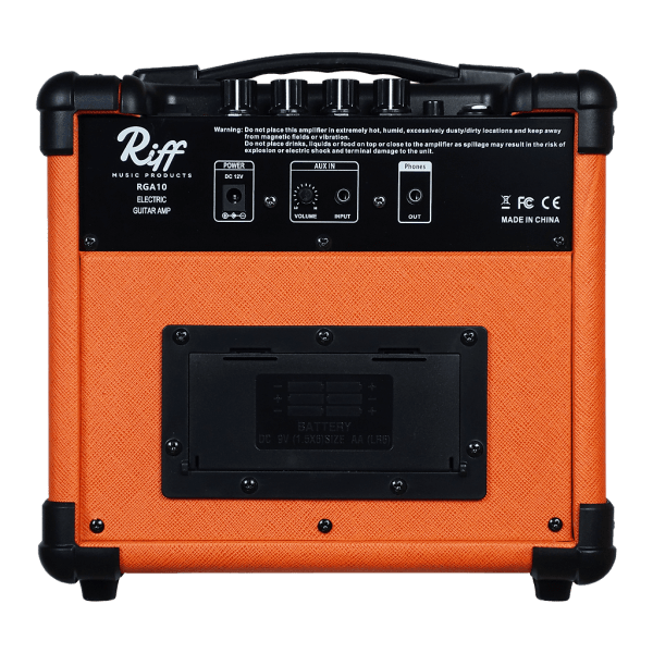 Back view Riff portable busking amplifier for electric or electro acoustic guitar