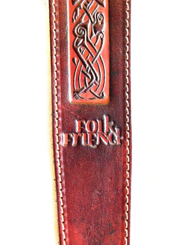 Folk Friend leather guitar straps with embossed Celtic pattern for sale in our Sheffield guitar shop Finale Guitar