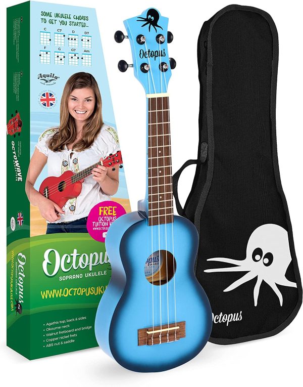 Octopus soprano ukulele starter set with bag, tuner and plectrums (Blue Burst) for sale in our Sheffield guitar shop. Finale Guitar